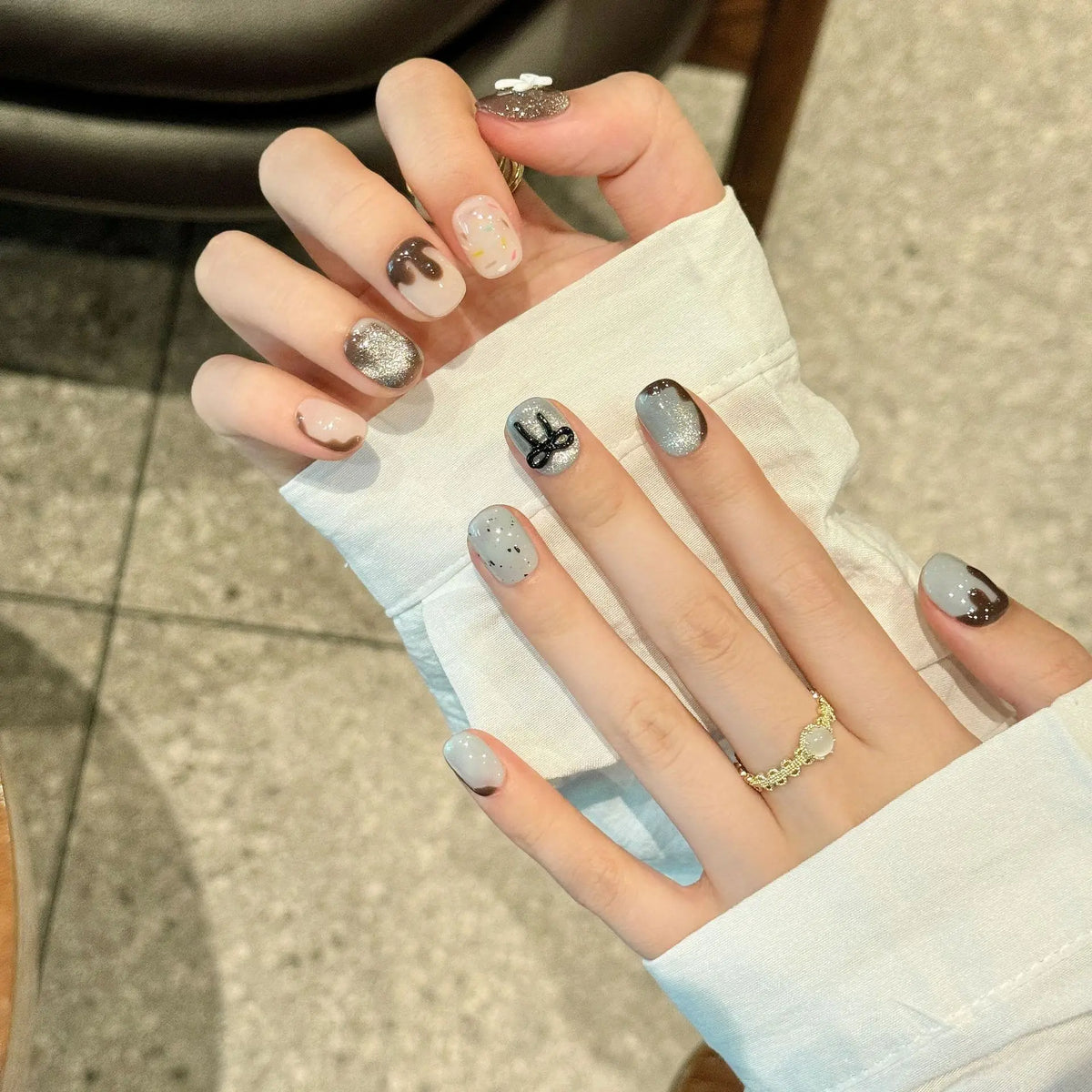 Handmade Press Nails White Black Bowknot French Fake Women Girl