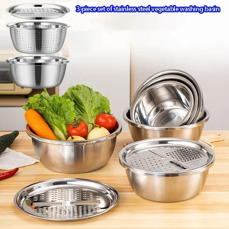 3-Piece Stainless Steel Multifunctional Strainer Mixing Bowl Washing
