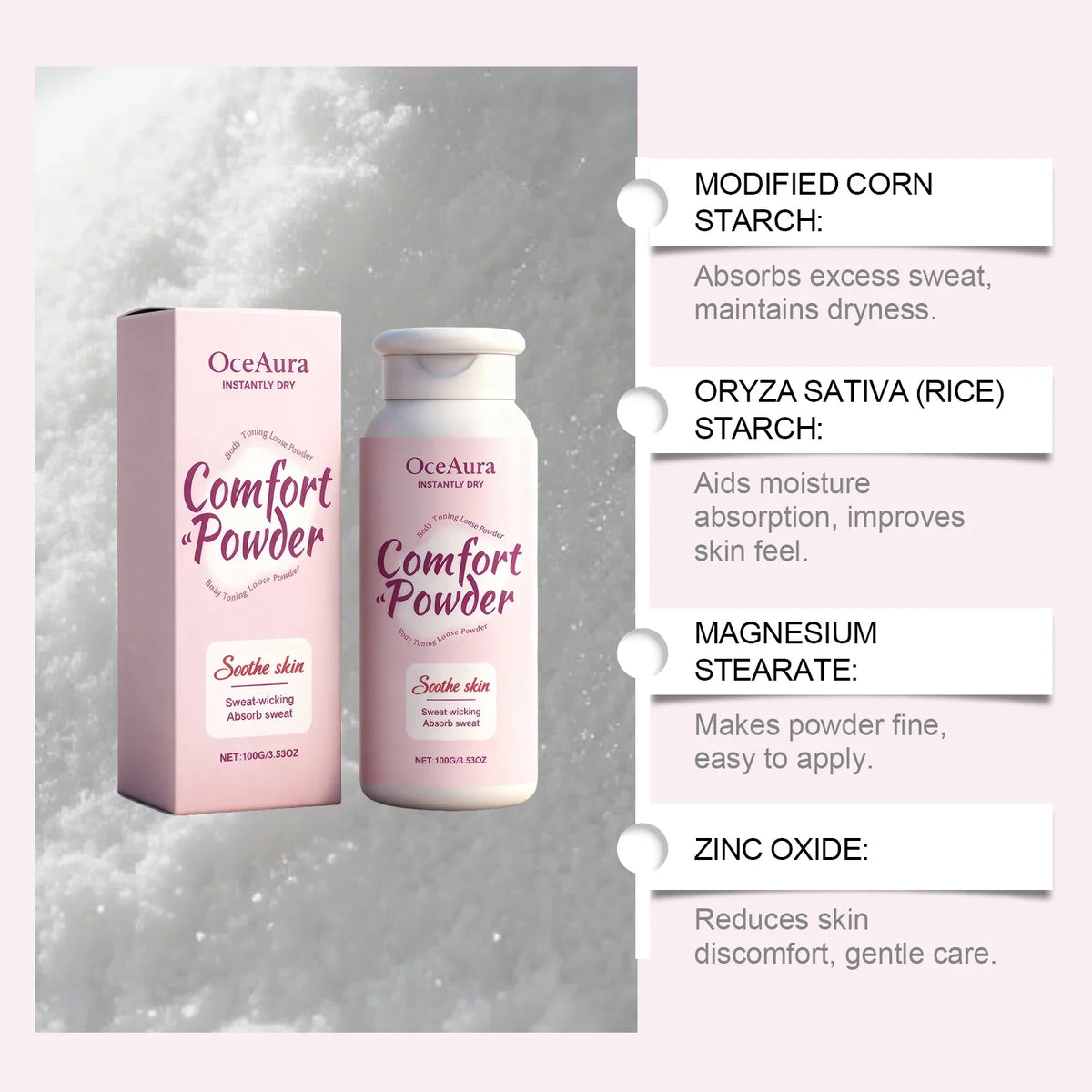 OceAura Talc-Free Body Powder – Anti-Chafing & Sweat Wicking 100g