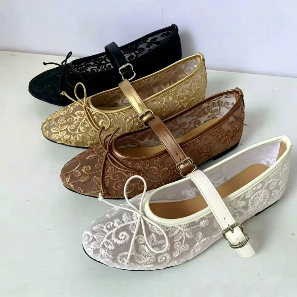 Mesh Embroidery Ballet Flats – Retro Mary Jane Buckle Strap Shoes