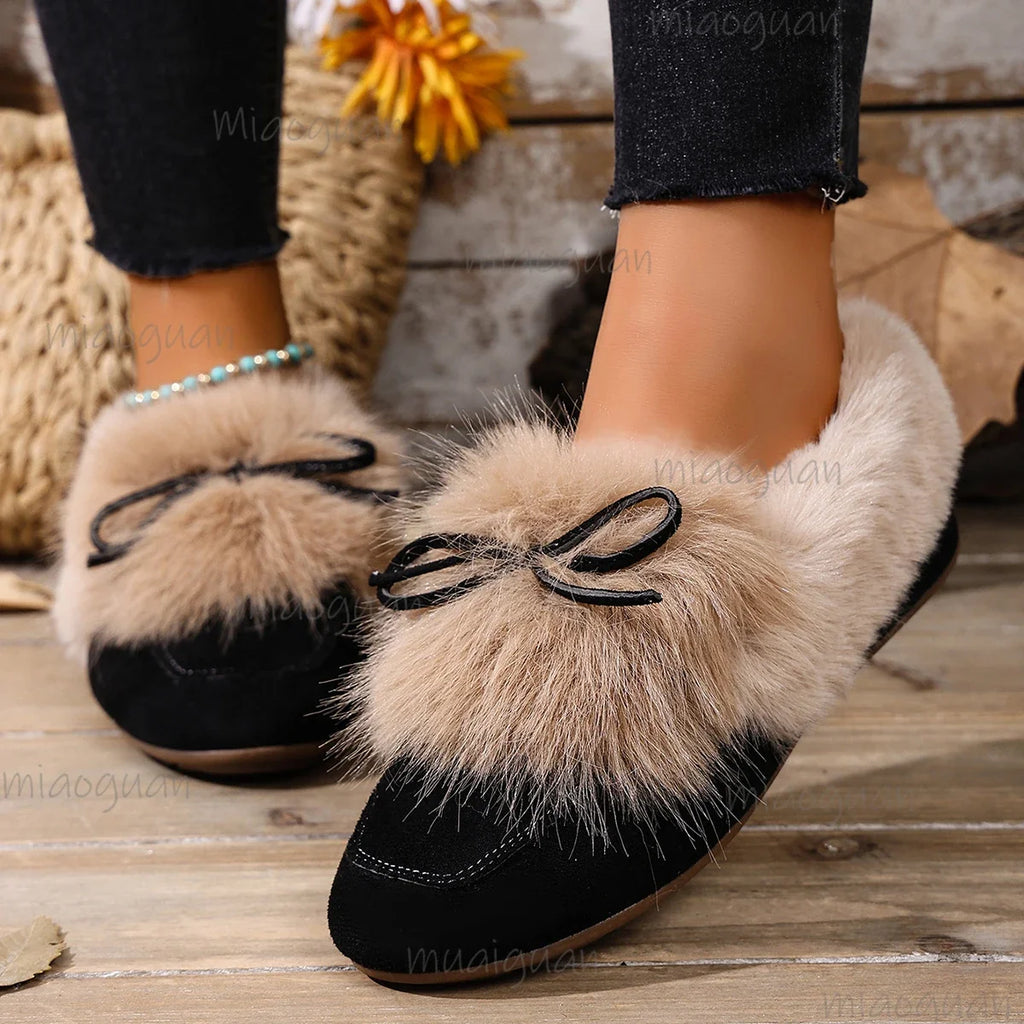 Women's Retro Faux Fur Bow Slip-On Flats – Plush Warm Shoes