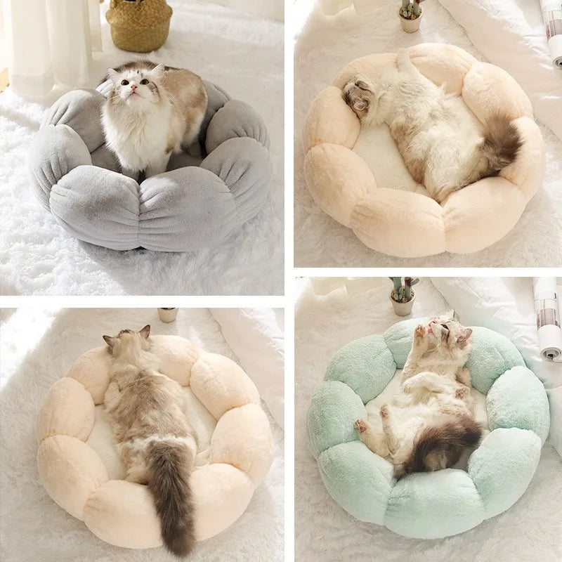 All Season Plush Cat Bed Neck Guard Flower Shaped Round Pet Cats