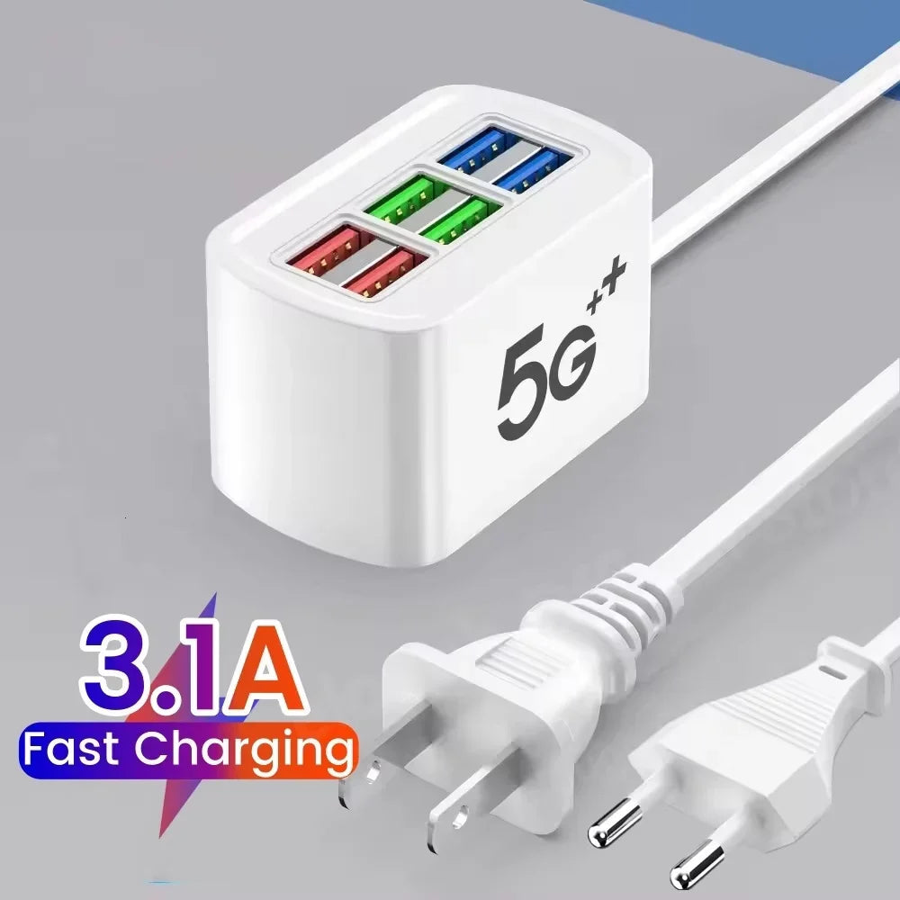 6-Port USB Fast Charger Power Strip | EU & US Plug, 15W
