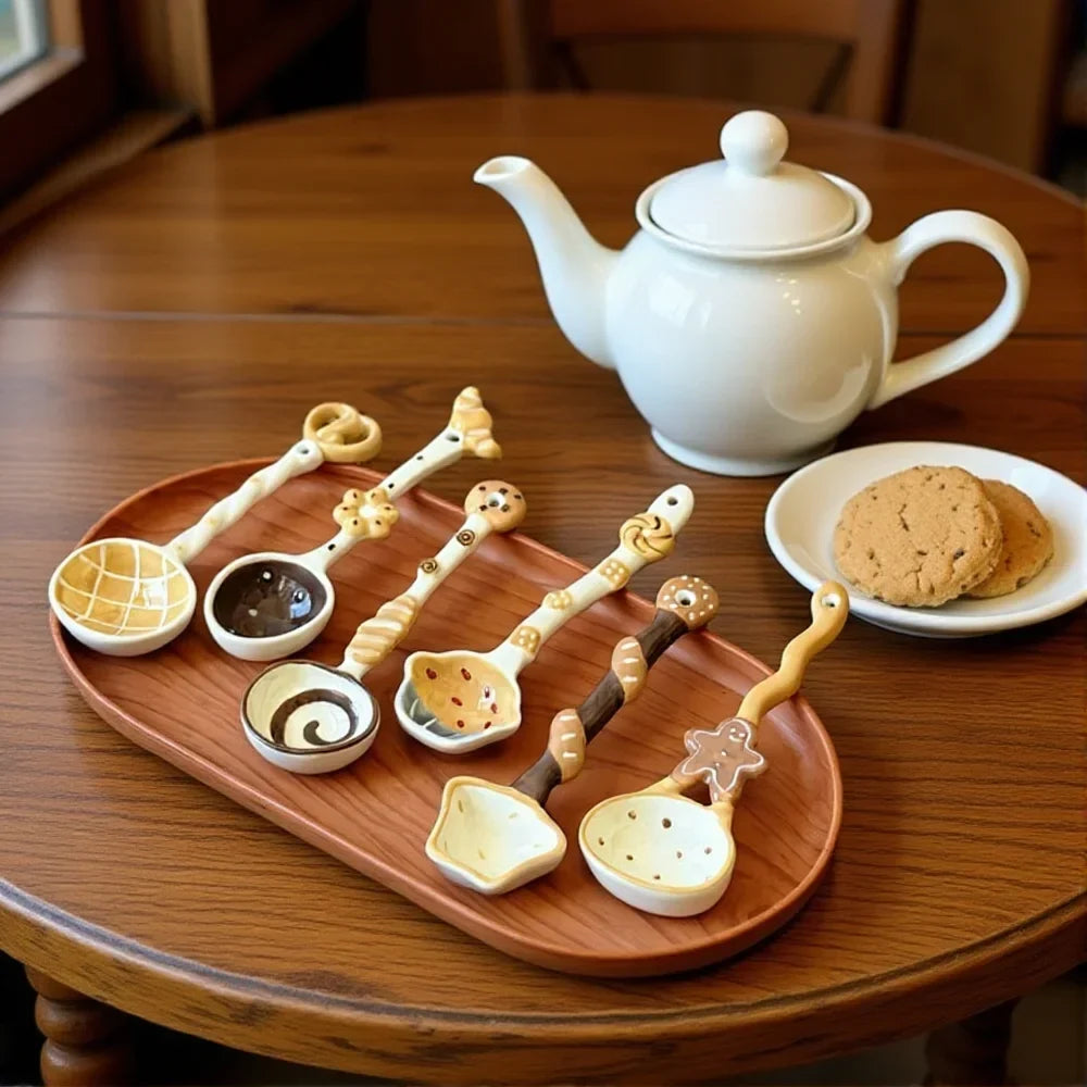 Ceramic Long Handle Spoon – Cute Baked Goods Underglaze Design