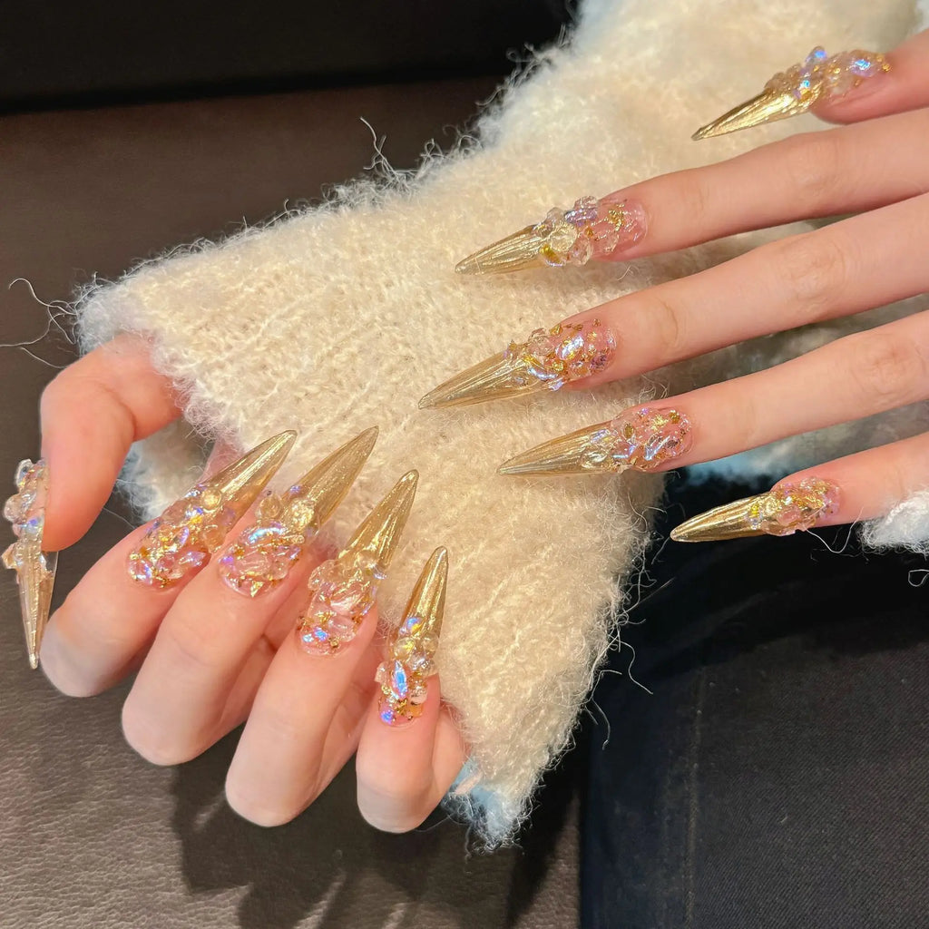 Handmade Gold Foil Rhinestone Press-On Nails | Long Stiletto