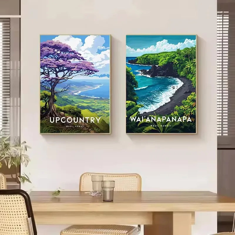 Vintage Hawaii Lahaina Beach Landscape Canvas Wall Art Poster