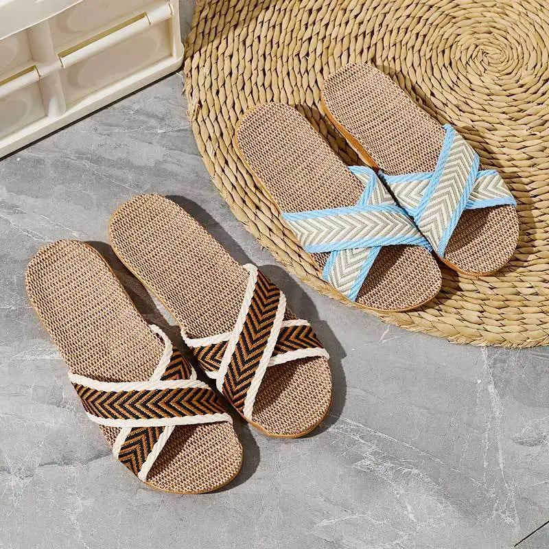 Women's Anti-Slip Linen Flat Slippers | Indoor, Shower & Beach