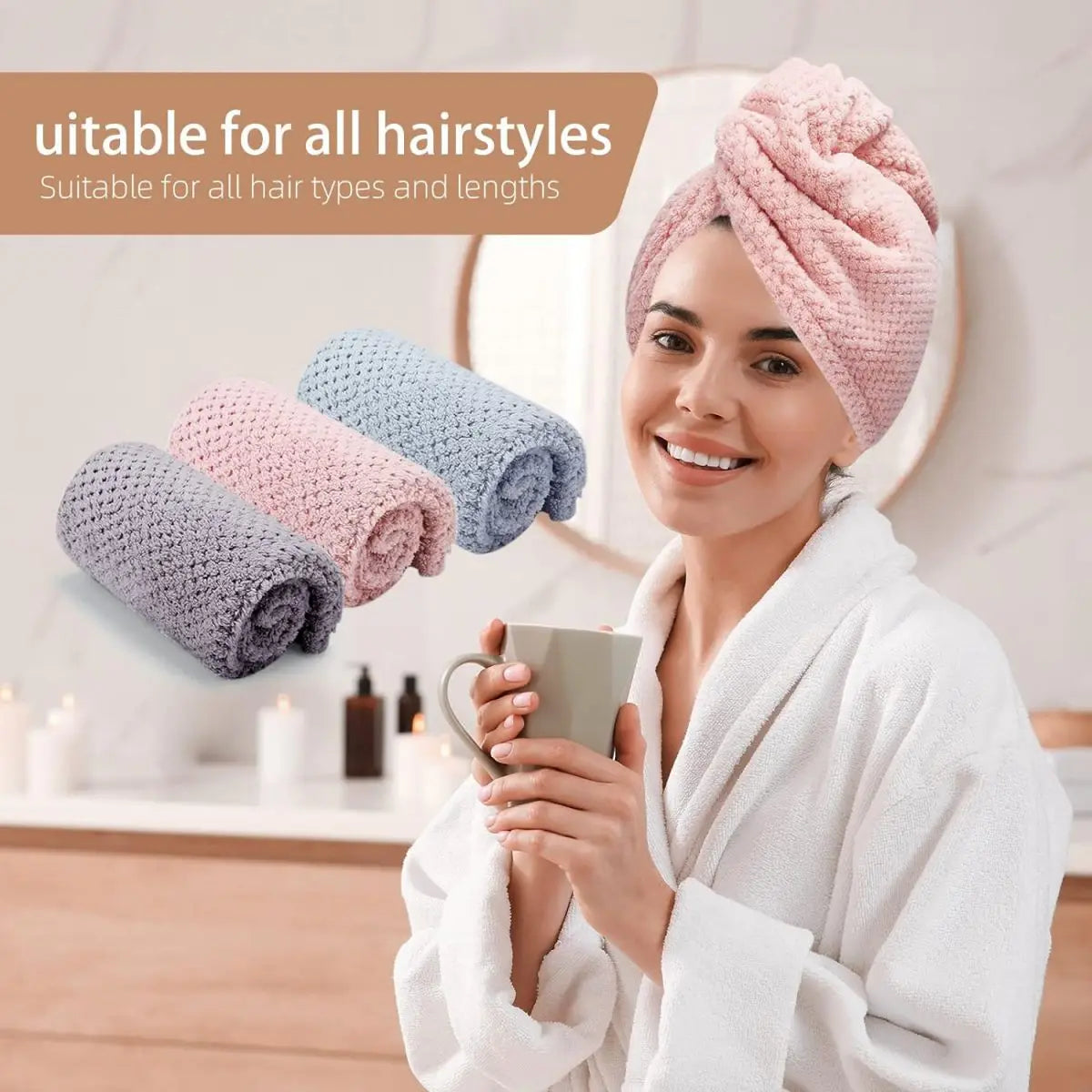 Absorbent Hair Towel Wrap with Button Closure – 9.8"×25.5"
