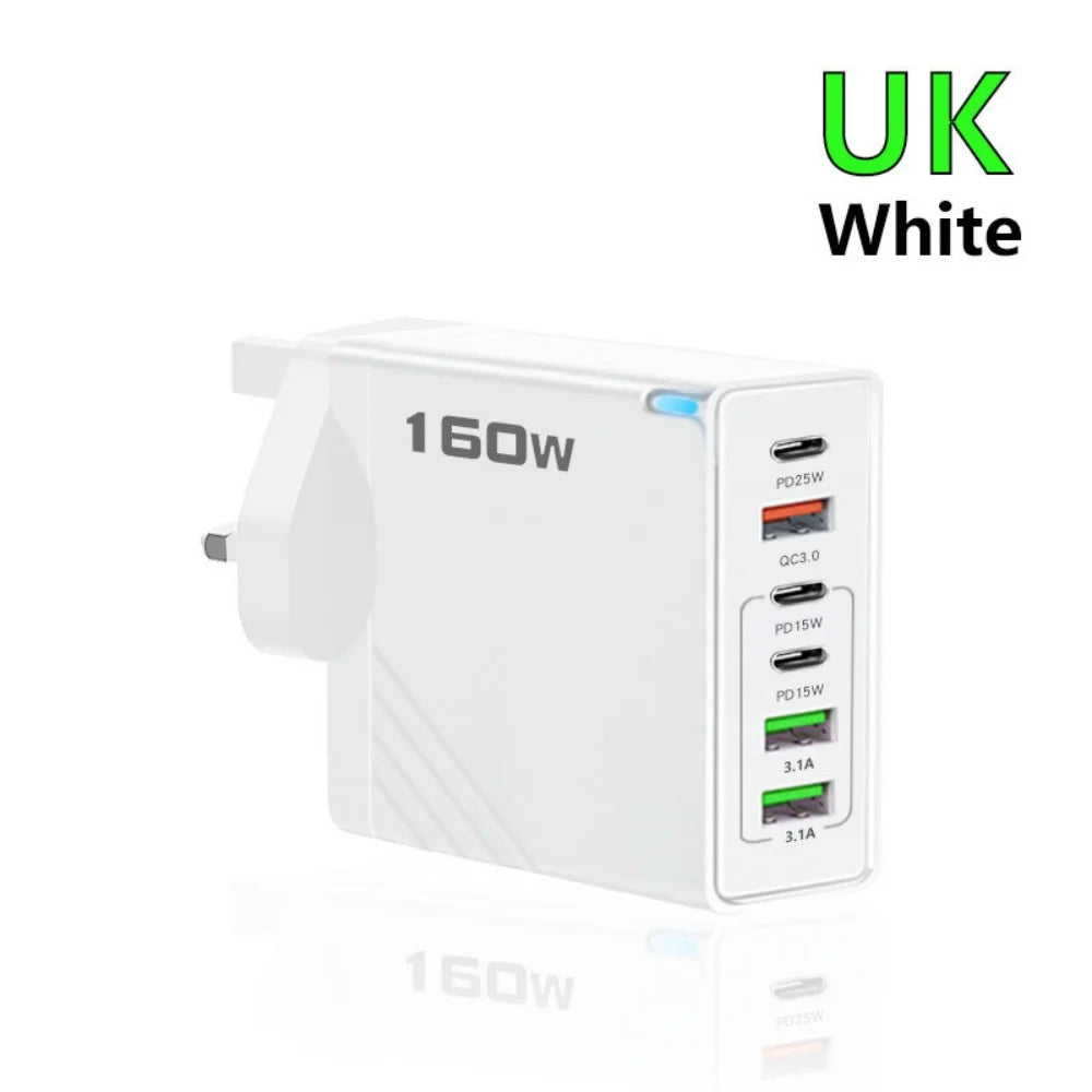 160W 6-Port USB-C PD & QC3.0 Fast Wall Charger | EU US UK