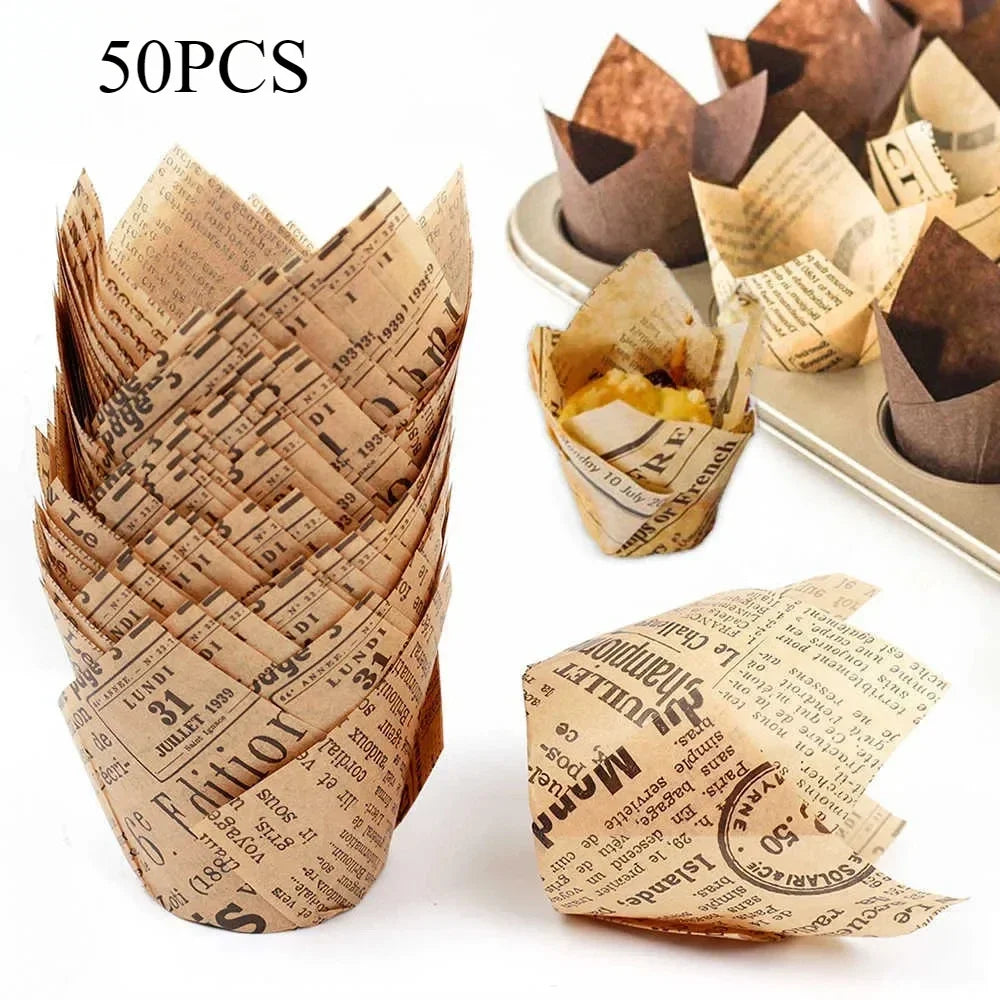 50pcs Newspaper Style Tulip Cupcake Liners | Baking Cups