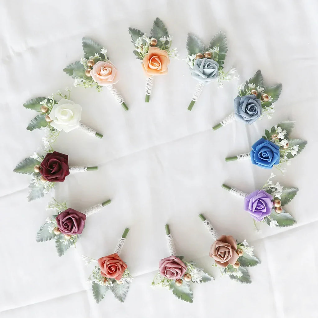 Boutonnieres Flowers Artificial White Roses Silk Ivory Corsage