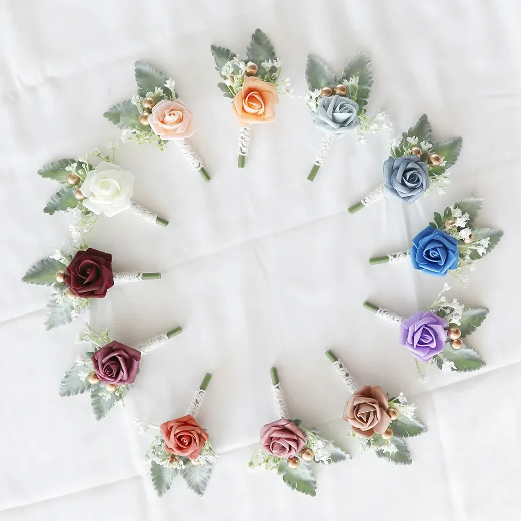 Boutonnieres Flowers Artificial White Roses Silk Ivory Corsage