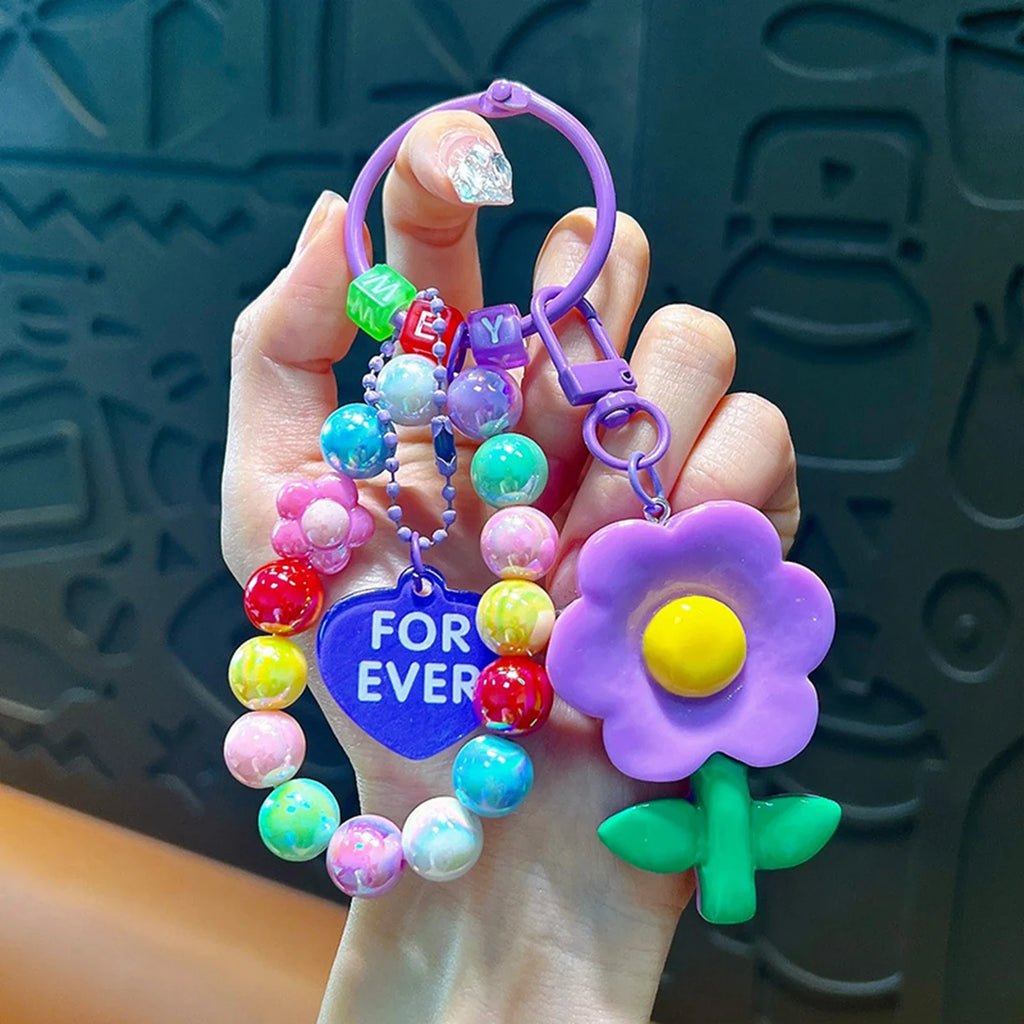 Handmade Beaded Keychain Wristlet Bracelet | Floral Bag Charm