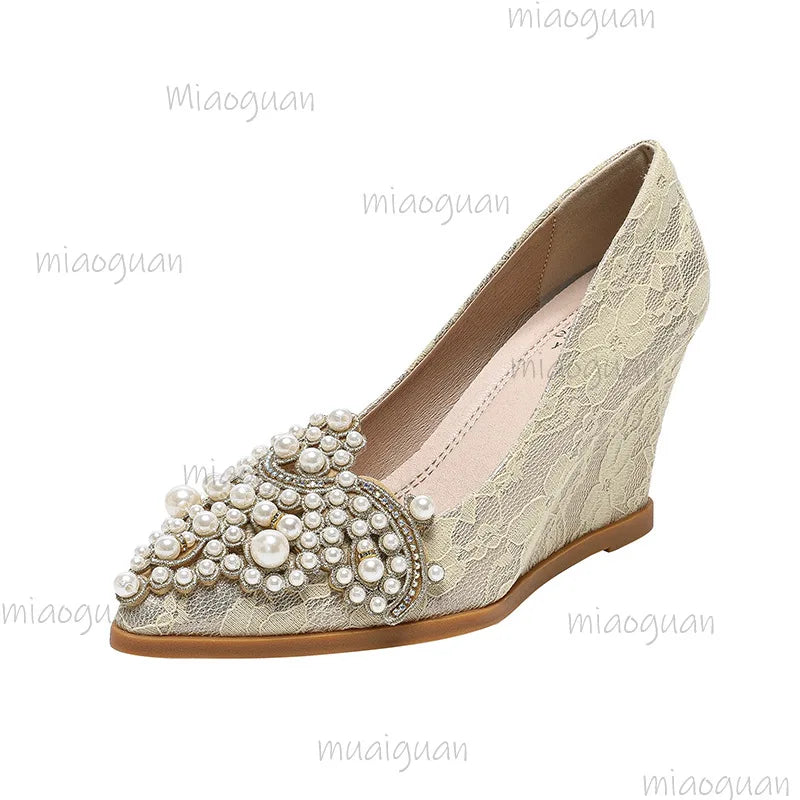 Pearl Embroidered Wedding Pumps – Pointed Toe Wedge Heels