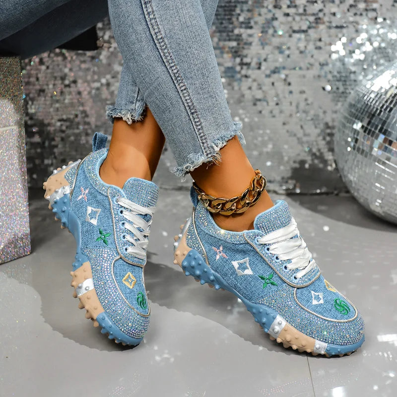 MCDV Women's Embroidery Crystal Sneakers Anti-Slip Lace-Up