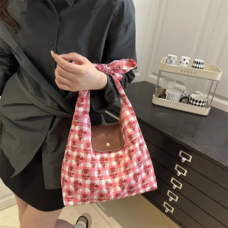 Floral Plaid Canvas Tote Bag – Large Capacity Women's Shoulder