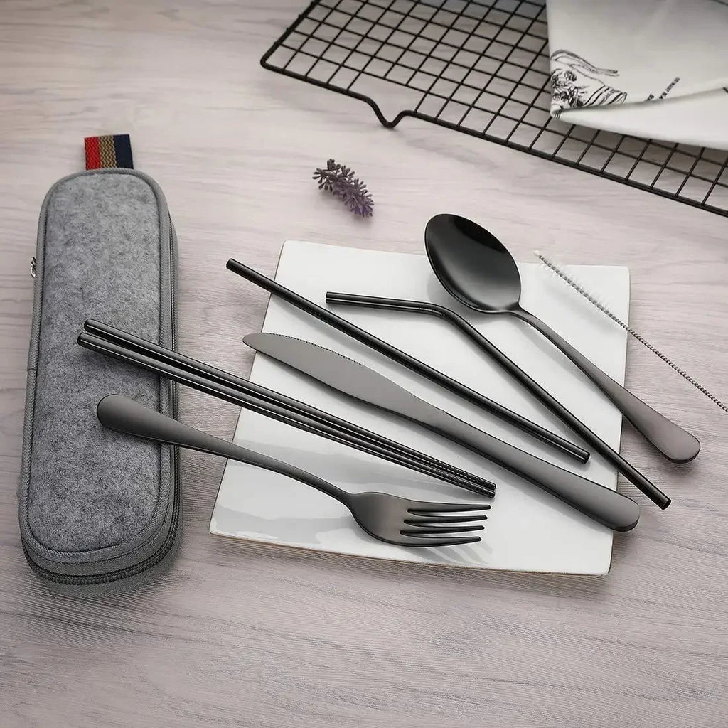 8-Piece Reusable Travel Cutlery Set – Stainless Steel + Case