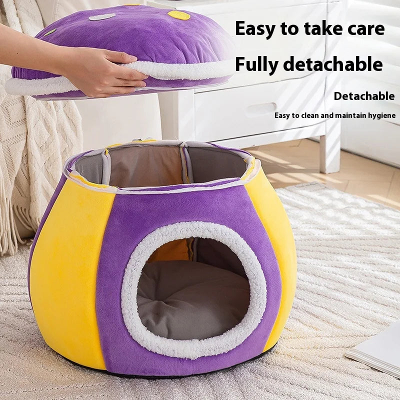 Mushroom Cat Bed Thickened Warm Winter Rabbit Plush Detachable