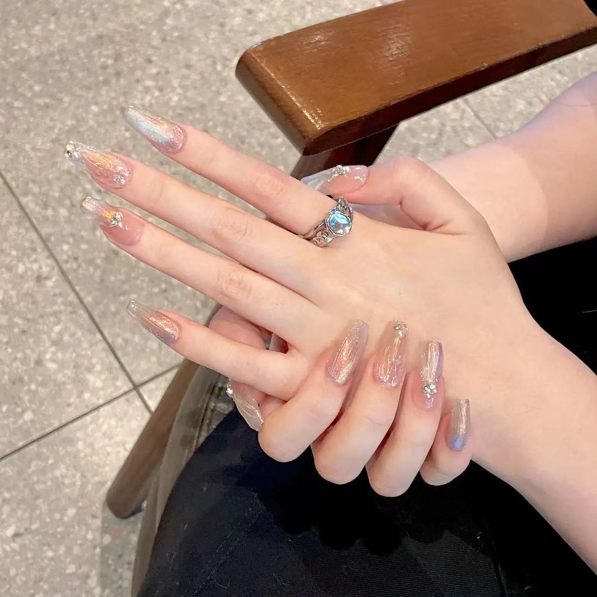 Aurora Mermaid Press On Nails – Glitter Pearl French Almond Tips