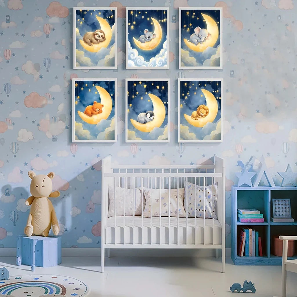 Nordic Animal Moon Canvas Print – Baby Nursery Wall Art Poster