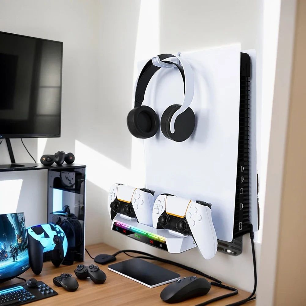 PS5 Wall Mount Stand | Dual Controller Charger & RGB Lights