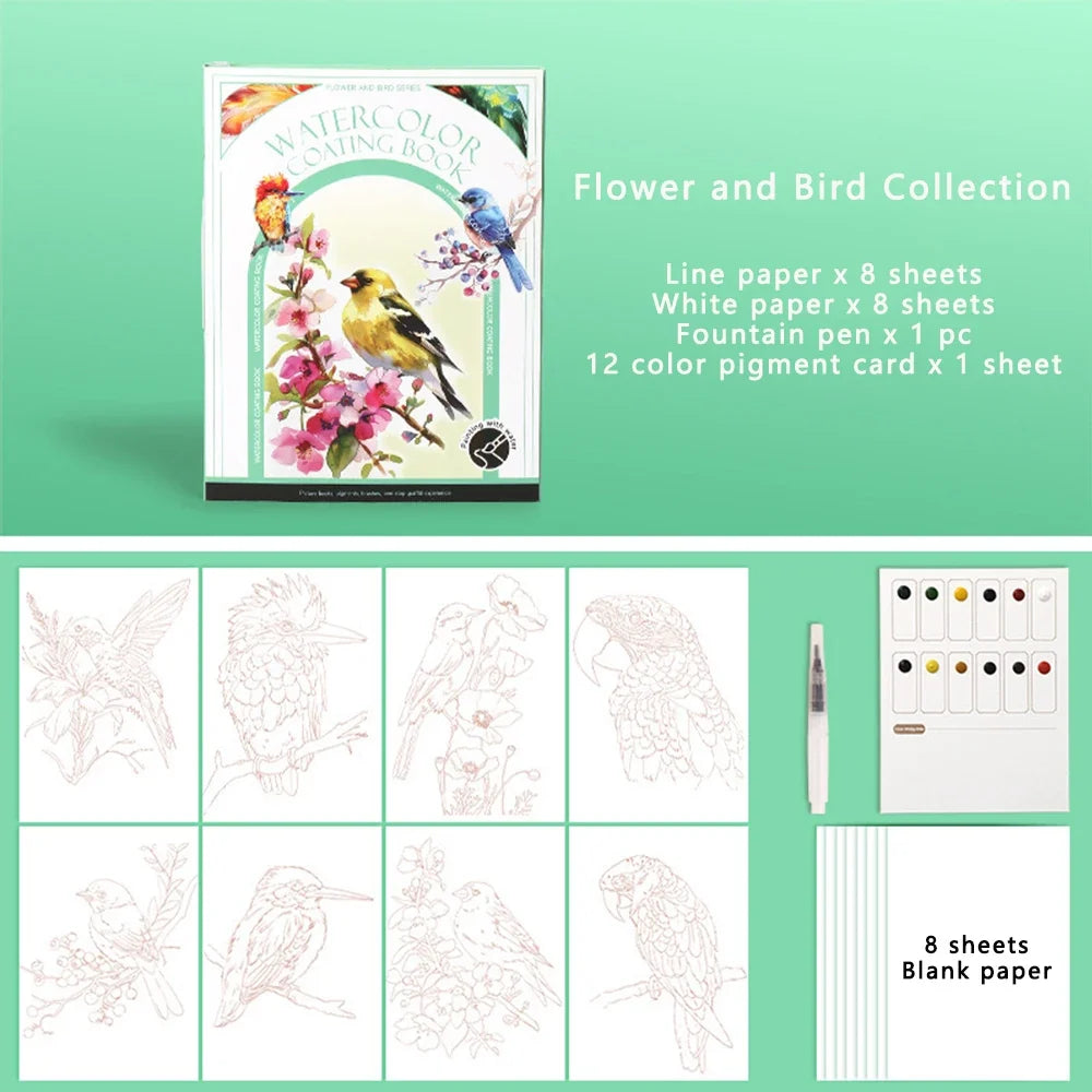 Travel Watercolor Painting Tri-fold Book Built-in 12 Colors Stress
