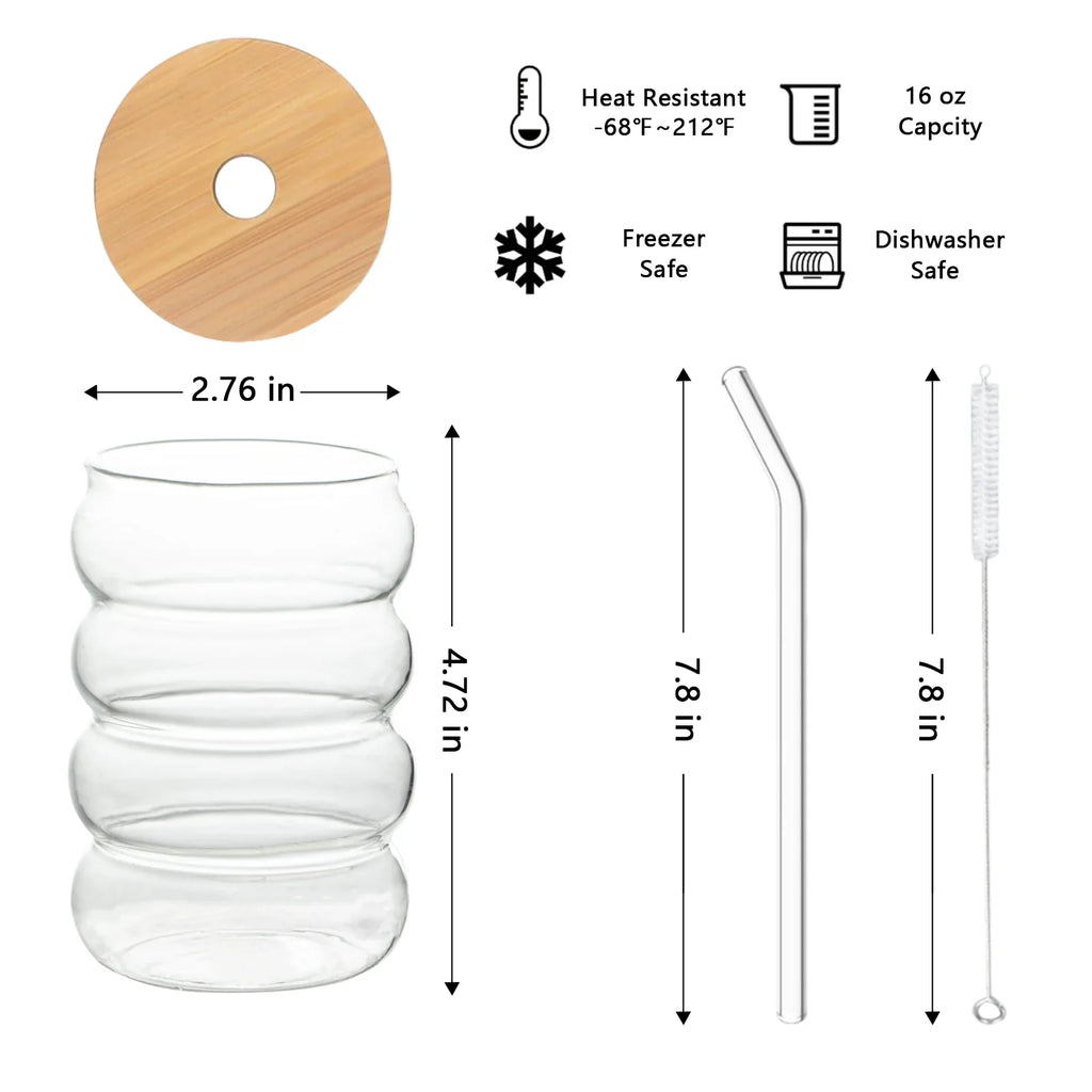 4-Pack Wave Borosilicate Glass Cups with Lid & Straw | KEMORELA