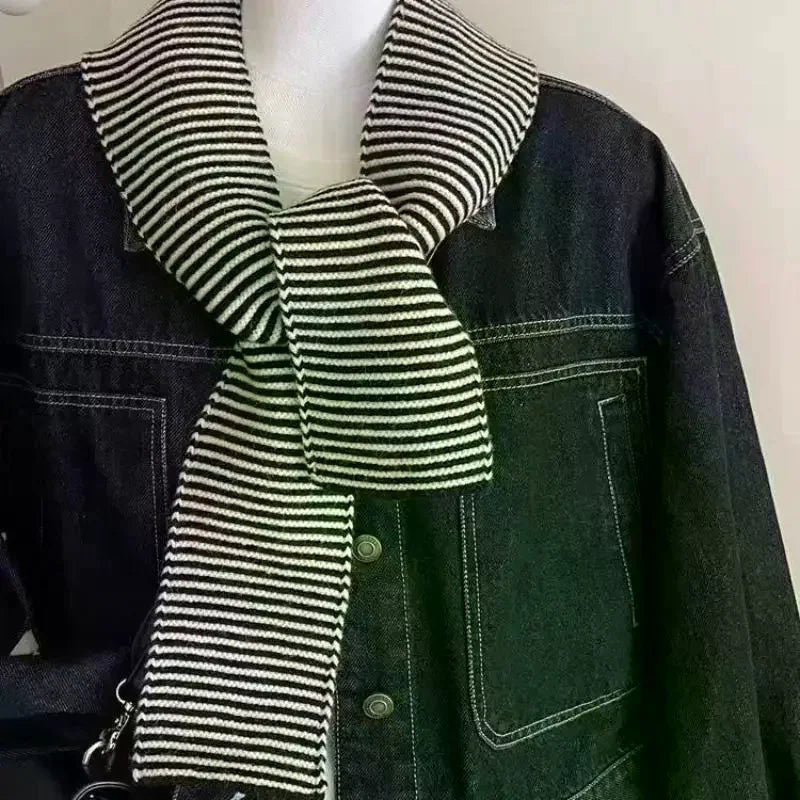 Black & White Striped Knit Scarf – Women's Winter Shawl Wrap