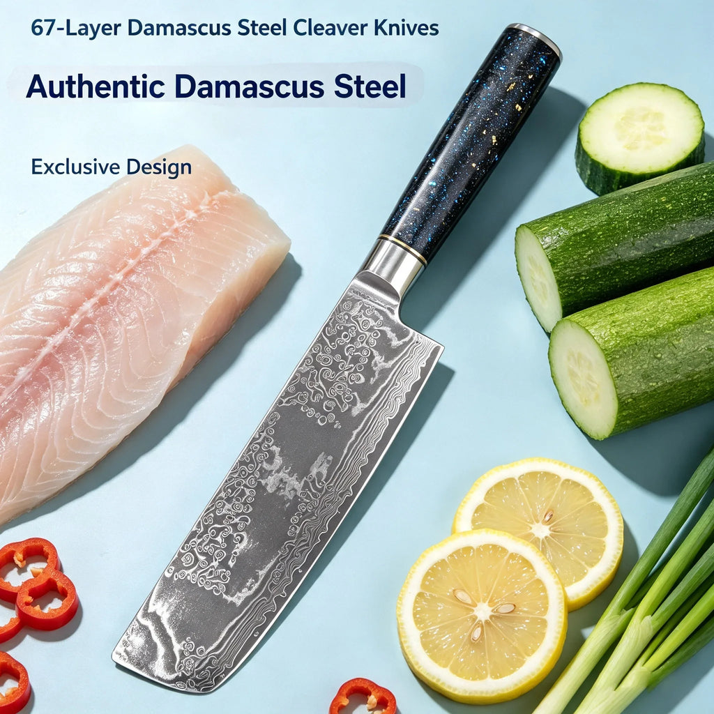 67-Layer Damascus Steel Nakiri Knife – Sharp Chef's Cleaver