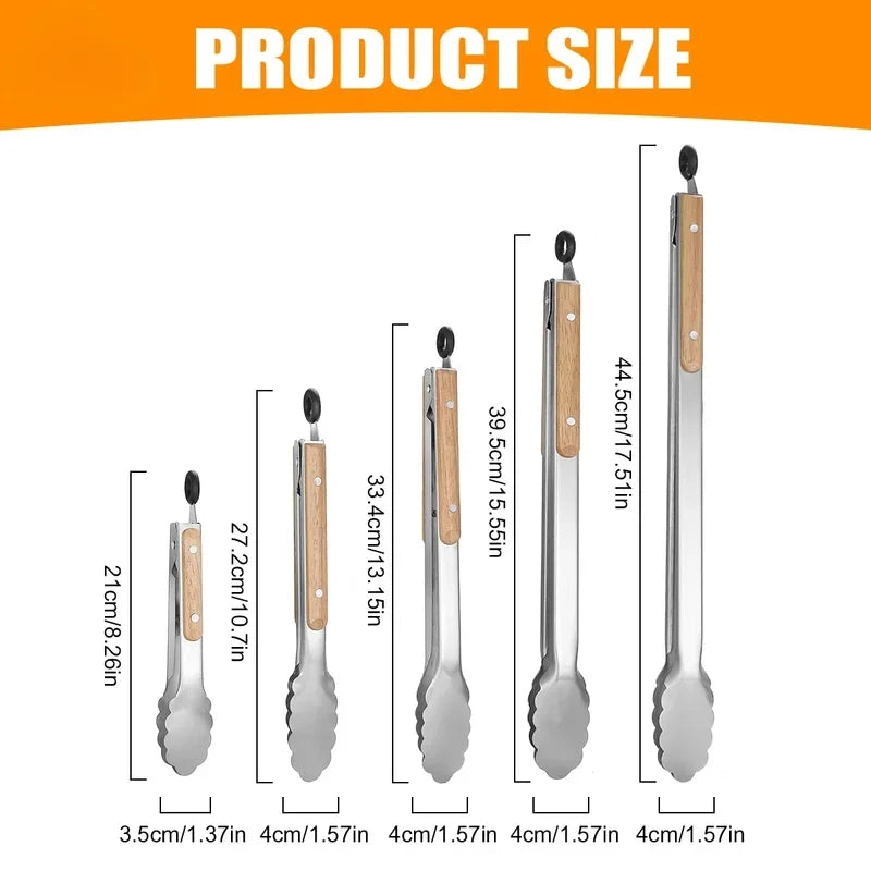 Leeseph Stainless Steel Food Tongs with Wooden Handle | 7–16"