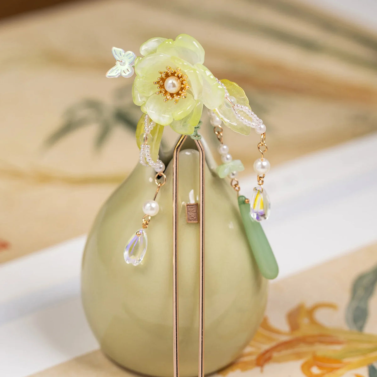 Green Hanfu Hairpin | Alloy Tassel Floral Hair Stick