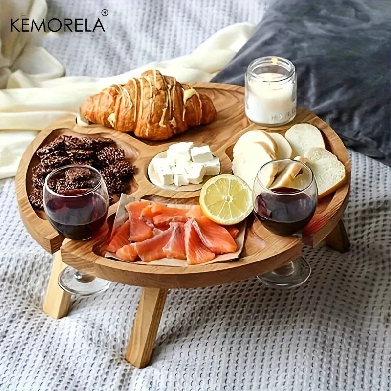 KEMORELA Wooden Folding Picnic Table – Portable Snack & Wine Tray