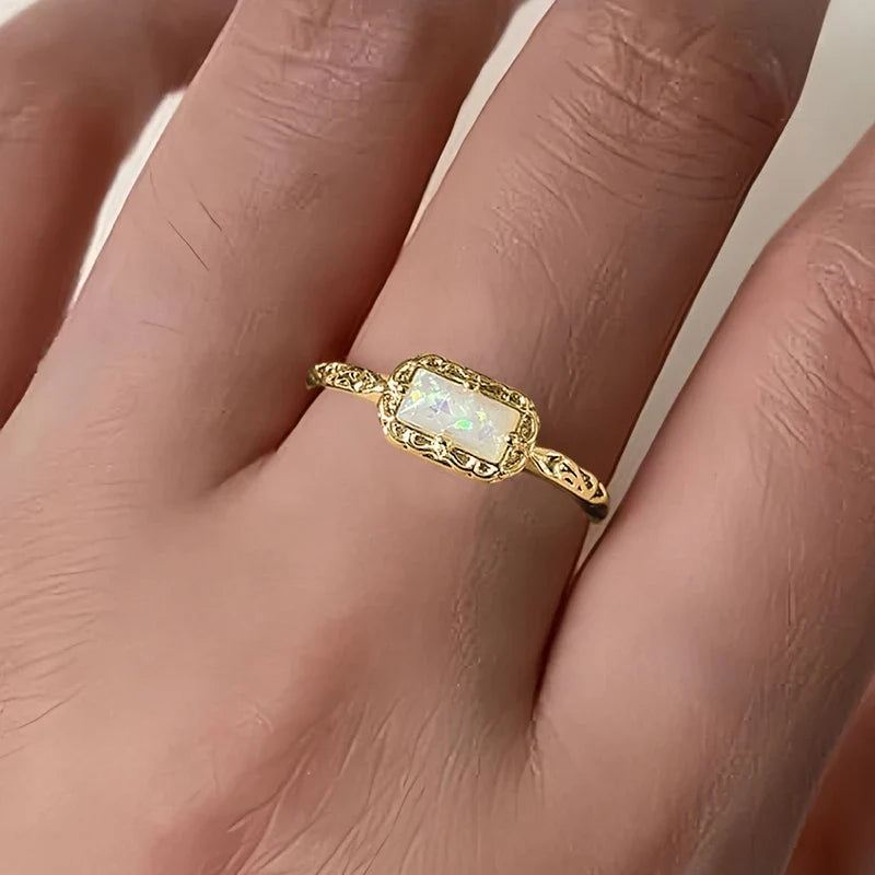 Huitan Vintage Imitation Opal Rectangular Ring for Women
