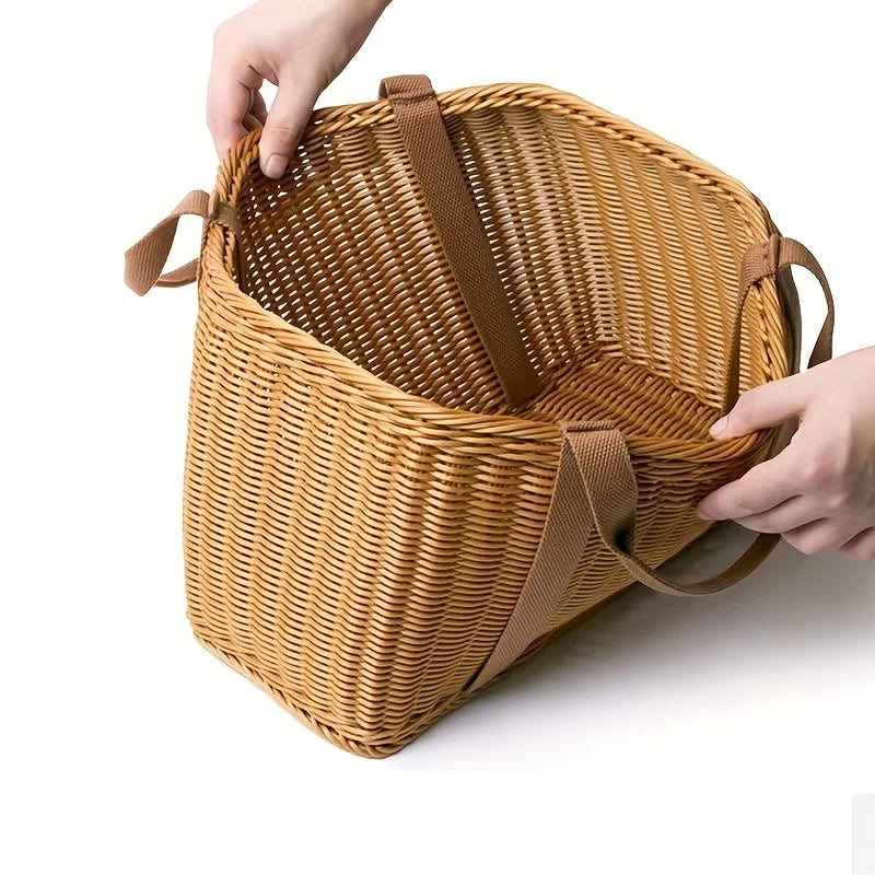 Large Handwoven Storage Basket Lid Foldable Woven Shopping Picnic