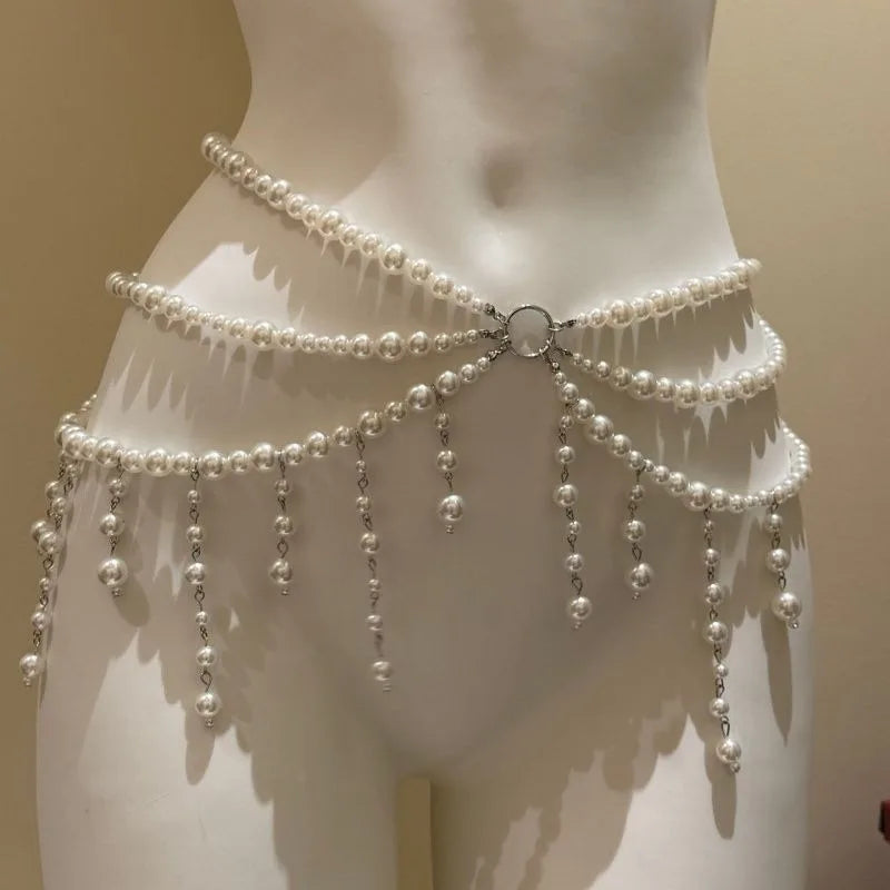 Multilayer Pearl Waist Chain Belt – Y2K Retro Women's Fashion