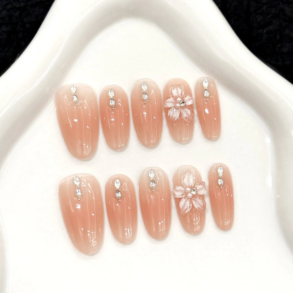Press On Nails Pink Almond Cat Eye Korean Flower Design – 10pc
