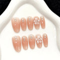 Press On Nails Pink Almond Cat Eye Korean Flower Design – 10pc