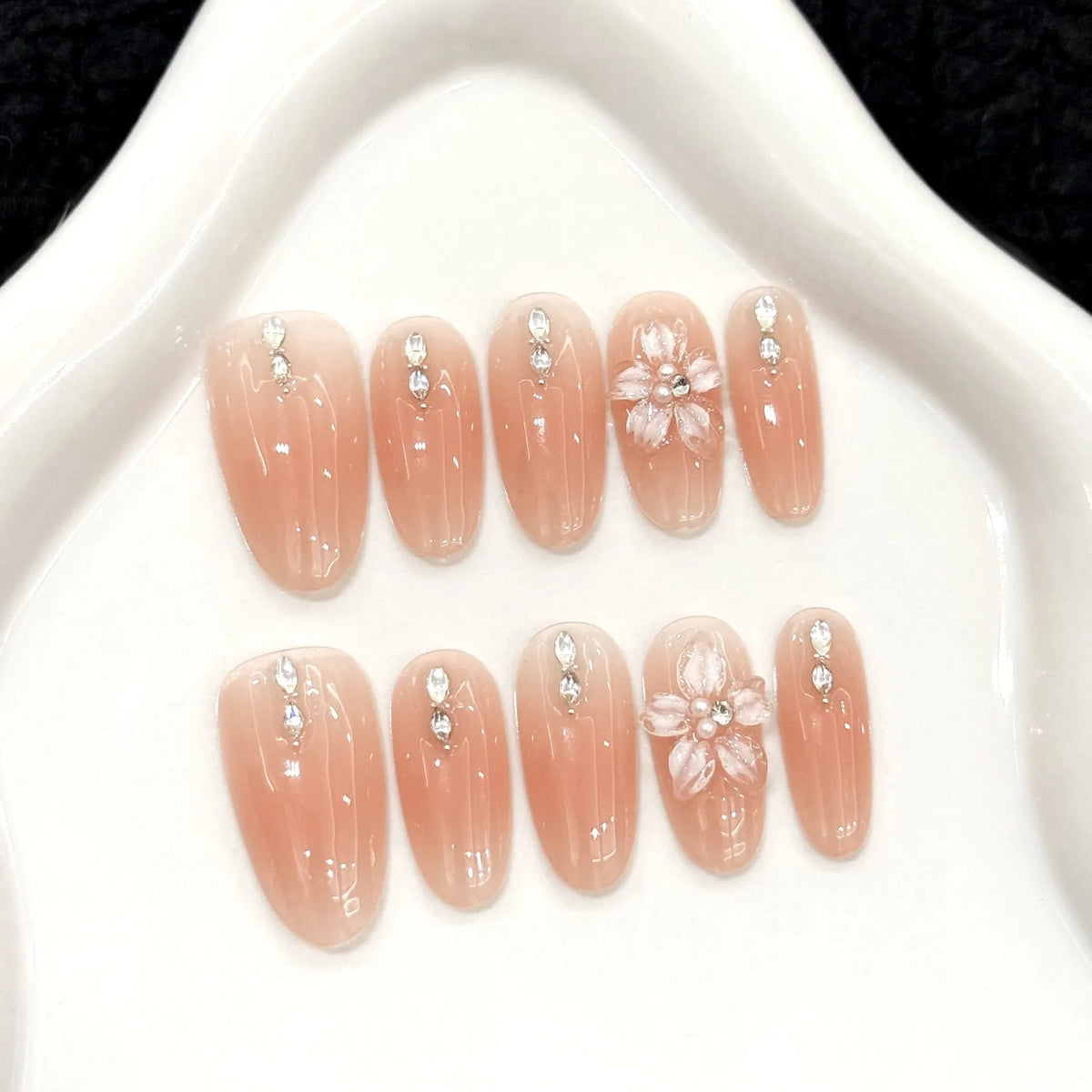 Press On Nails Pink Almond Cat Eye Korean Flower Design – 10pc