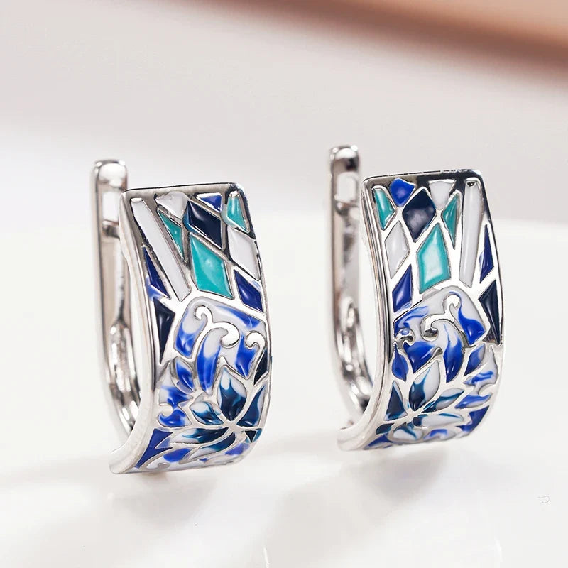 Huitan Blue Flower Hoop Earrings – Dainty Women's Jewelry