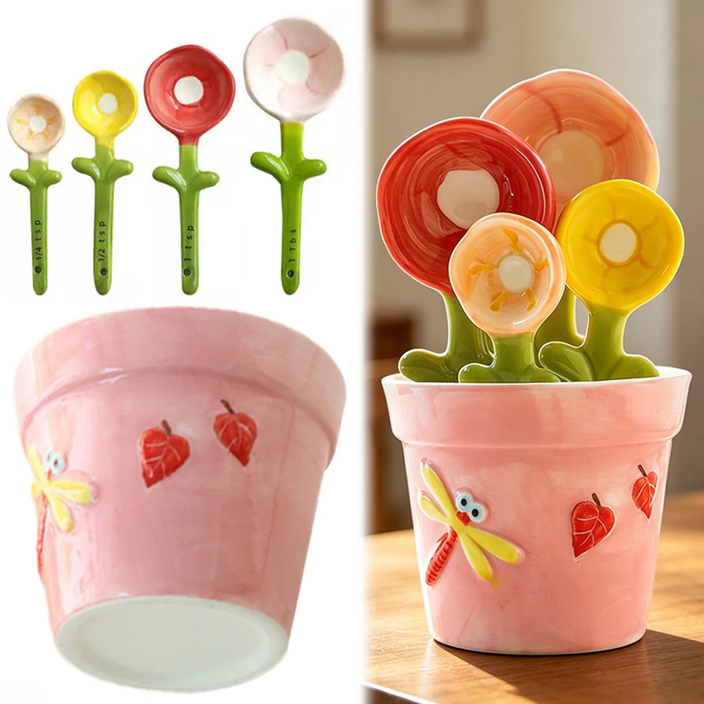 Ceramic Flower Measuring Spoons Set with Holder | Kitchen Decor