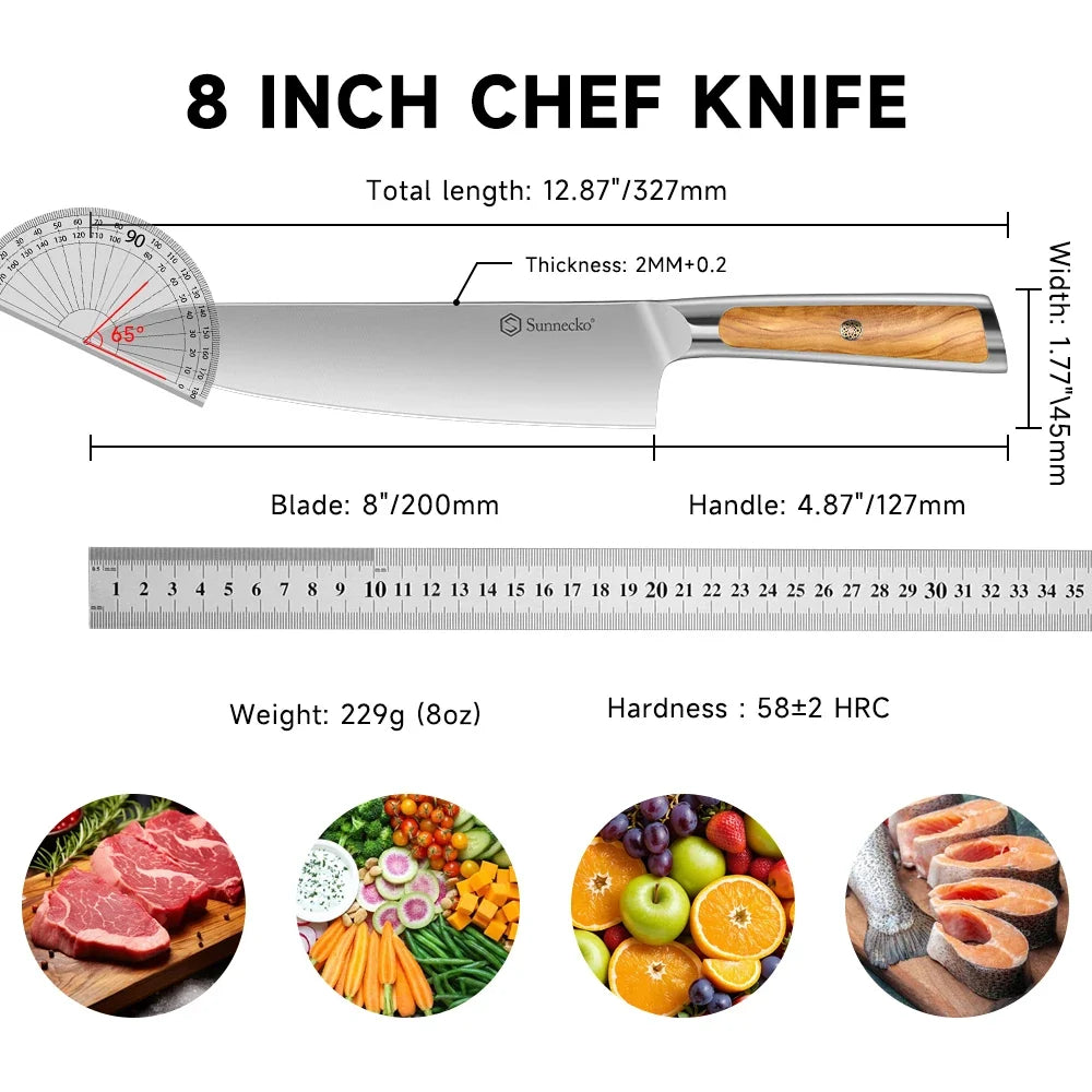 Sunnecko Chef's Knife – Stainless Steel & Olive Wood Handle