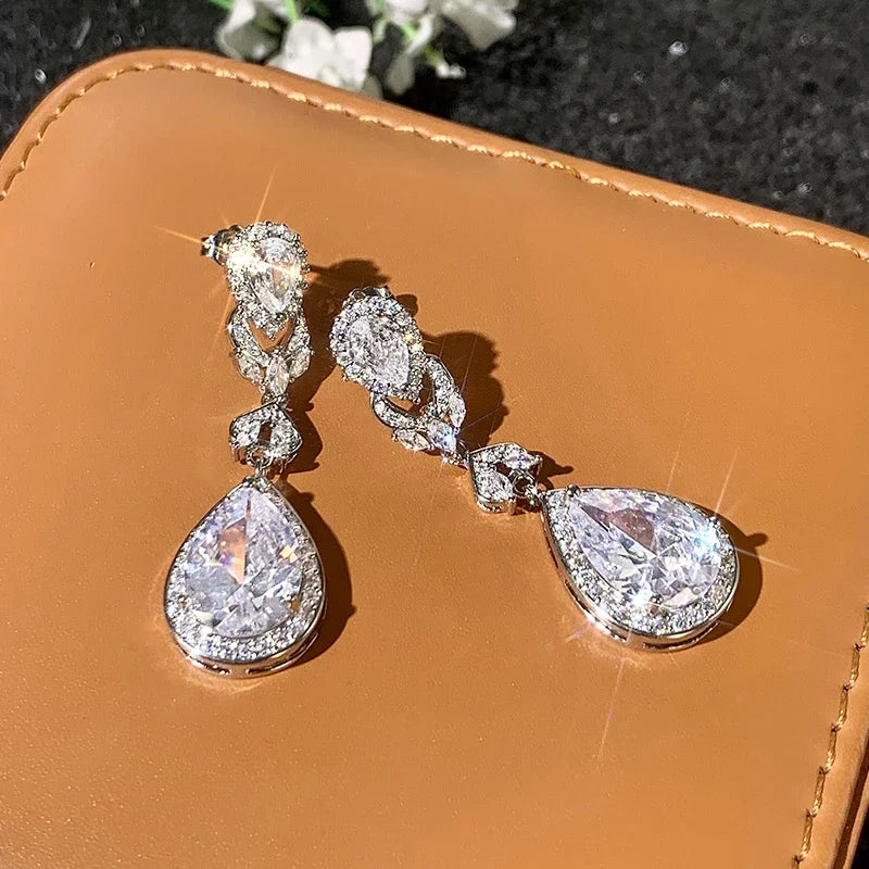 Huitan CZ Drop Earrings – Silver Elegant Wedding Jewelry