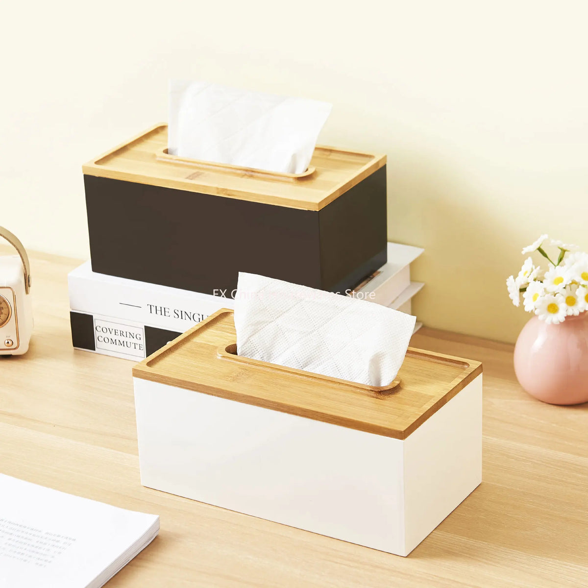 Japanese Bamboo Lid Tissue Box Holder Plastic Desktop Organizer