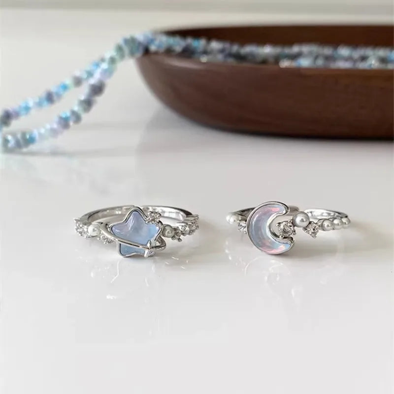 Exquisite Blue Star Moon Zircon Ring Women Niche Design Accessory