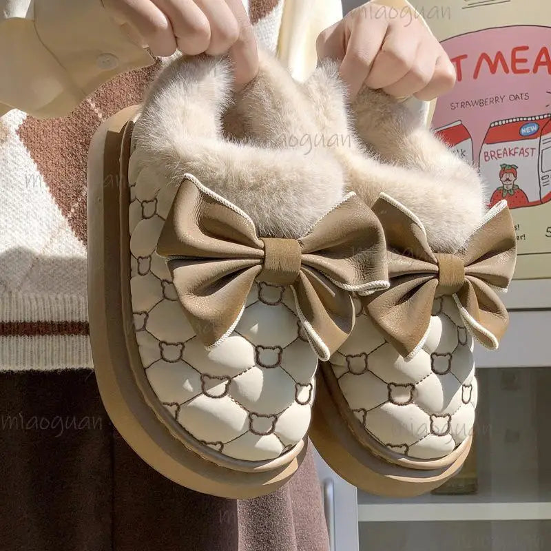Women's Fluffy Platform Slipper Boots – Bowknot Winter Booties
