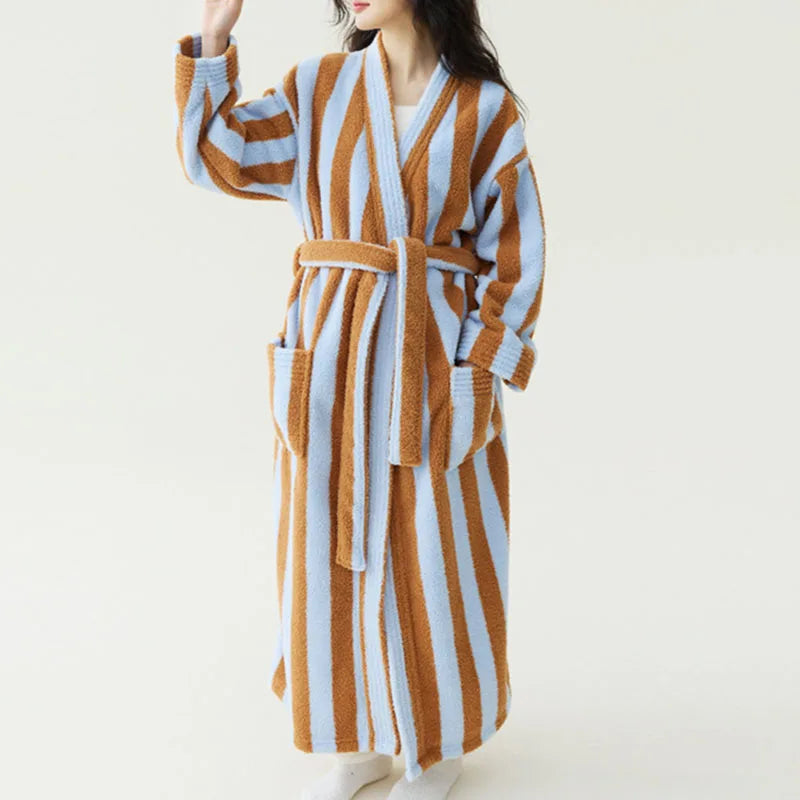 Women's Striped Velvet Bathrobe – Thick Flannel Lace-Up Robe