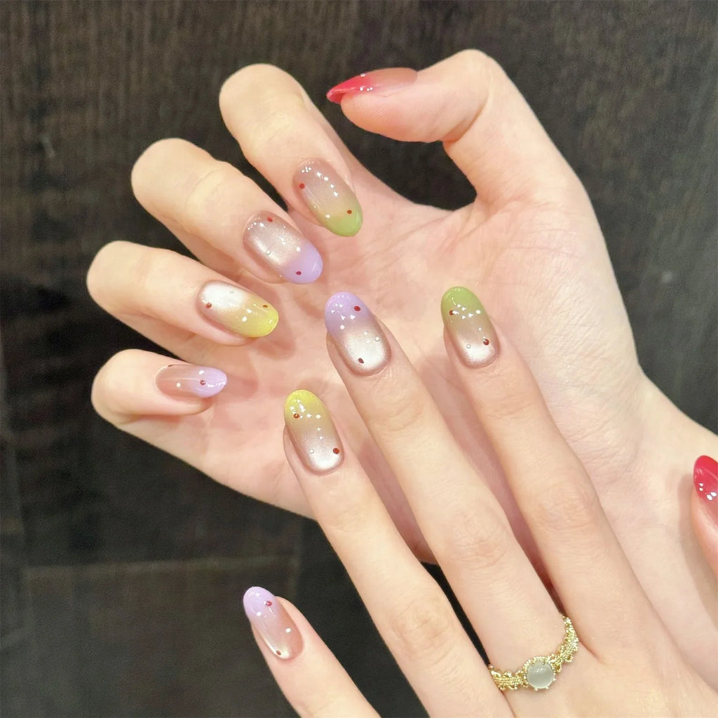 Handmade Cat's Eye Press-On Nails | Rainbow Gradient Almond Tips