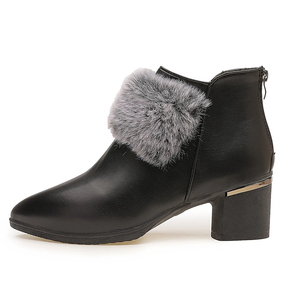 Women's Fur-Lined Chunky Heel Ankle Boots | Winter PU Leather