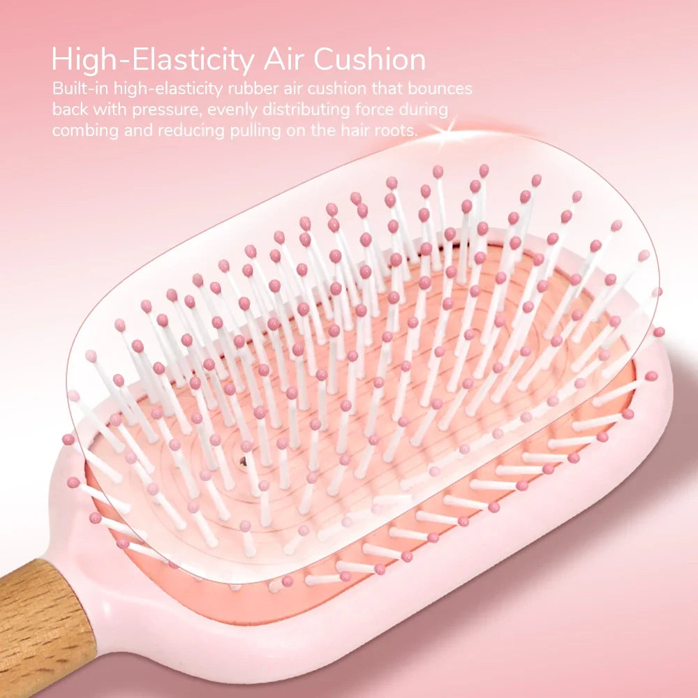 Pastel Air Cushion Hair Brush – Oak Wood Handle & Soft Bristles
