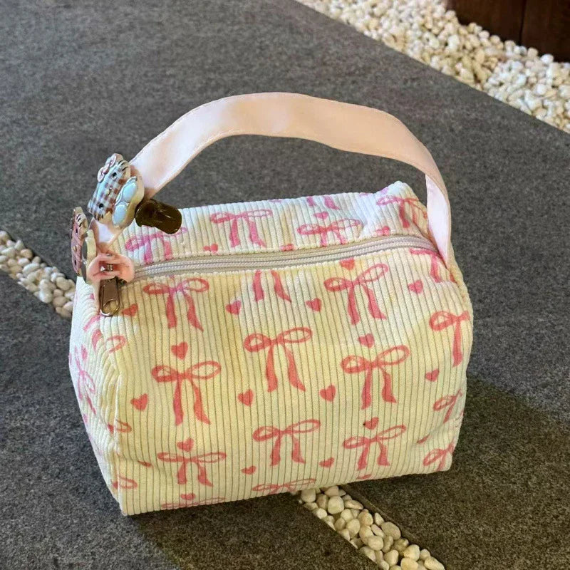 Corduroy Cosmetic Bag – Bow Print Large Capacity Makeup Bag